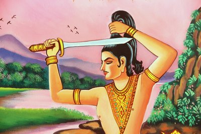 20151029, वियनतियाने, लाओस: वाट सी मुआंग (सिमुओंग) बौद्ध मंदिर। शाक्यमुनि बुद्ध की जीवन गाथा को दर्शाती पेंटिंग। भविष्य के बुद्ध भिक्षु बनने के लिए अपने बाल मुंडवाते हैं द्वारा अज्ञात