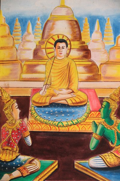 20151102, वांग विएंग, लाओस: शाक्यमुनि बुद्ध के जीवन की कहानी को दर्शाती पेंटिंग। बुद्ध ने सैकड़ों अनुयायियों को आकर्षित करते हुए, स्वयं को शिक्षण के लिए समर्पित कर दिया द्वारा अज्ञात