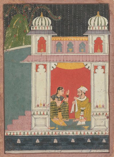 मंडप में एक नायिका और उसका प्रेमी: एक बिखरे नायिकाबेड़ा से पृष्ठ, ca. 1660-1680। द्वारा अज्ञात