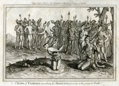फ्लोरिडा के एक राजा ने अपने जादूगर से युद्ध में जाने से पहले परामर्श किया, c1760 द्वारा अज्ञात