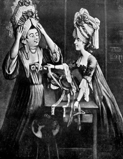 एक मिलिनर्स शॉप, श्रीमती मोनोपोलिज़, कसाई पत्नी, एक आधुनिक हेड ड्रेस, 1772 खरीदती है द्वारा अज्ञात