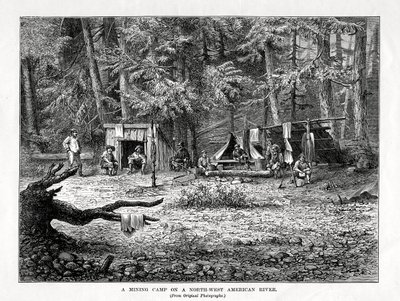 1877 में उत्तर-पश्चिम अमेरिकी नदी पर एक खनन शिविर द्वारा अज्ञात