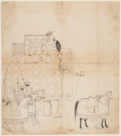 Caparisoned हाथी और घोड़े की एक ड्राइंग, सी। 1760। द्वारा अज्ञात