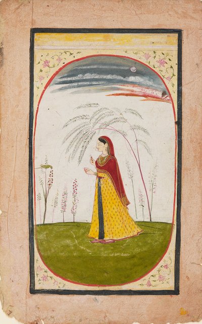 19वीं सदी की शुरुआत में, एक विरल परिदृश्य में एक महिला, हाथ में फूल और कप लिए हुए द्वारा अज्ञात