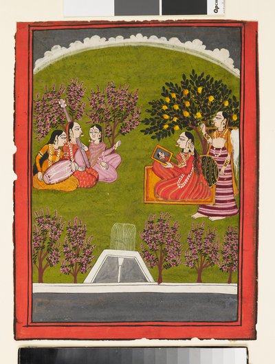 एक महिला एक नौकरानी और तीन संगीतकारों के साथ बगीचे में दर्पण लेकर बैठी थी, c1919 द्वारा अज्ञात