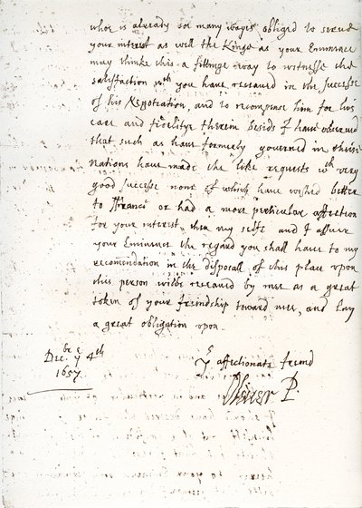4 दिसंबर 1657, 1899 को ऑलिवर क्रॉमवेल द्वारा कार्डिनल माज़रीन को एक पत्र द्वारा अज्ञात