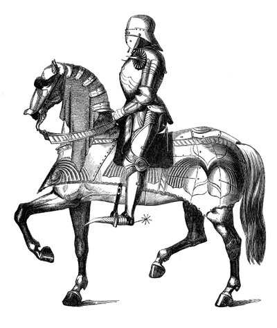 एक मध्ययुगीन शूरवीरों से लैस और युद्ध के लिए घुड़सवार, 1870 द्वारा अज्ञात