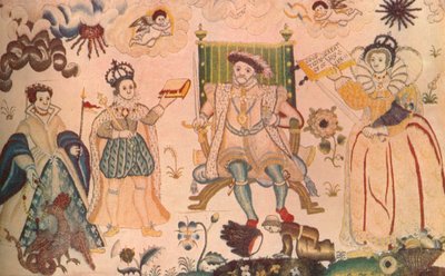 हेनरी VIII, एडवर्ड VI और एलिजाबेथ I की विशेषता वाली एक टेपेस्ट्री, 1914 में एलिज़ाबेथन के रूप में प्रदर्शित हुई द्वारा अज्ञात