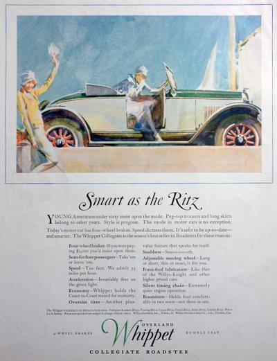 ओवरलैंड व्हिपलेट कॉलेजिएट रोडस्टर कार के लिए विज्ञापन, 1927 द्वारा अज्ञात