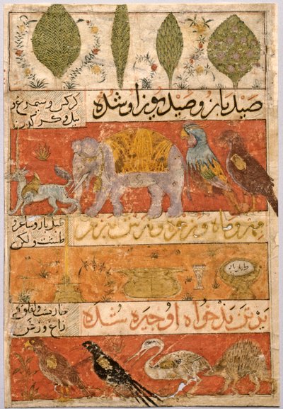 पशु, पक्षी, और पौधे छंद, चित्रण और पाठ फ़ारसी छंद ..., 1341। द्वारा अज्ञात