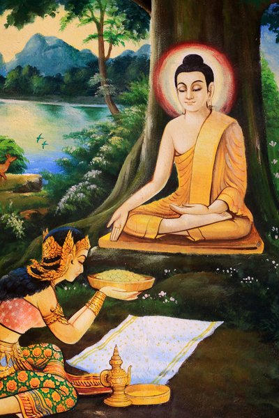 तपस्वी बुद्ध को उनके ज्ञानोदय की सुबह नंदबाला द्वारा दूध-चावल के भोजन का कटोरा दिया गया था। शाक्यमुनि बुद्ध की जीवन गाथा को दर्शाती पेंटिंग। वाट ओंग तेउ महाविहान। भारी बुद्ध का मंदिर। वेंटियन। लाओस, 20151028, वियनतियाने, लाओस द्वारा अज्ञात