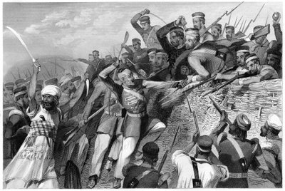 30 जुलाई 1857 को c1860 में लखनऊ में रेडान बैटरी पर उत्पाती लोगों का हमला द्वारा अज्ञात