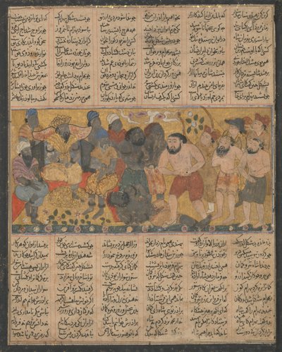 शांगुल के दरबार में कुश्ती में अपने कौशल का प्रदर्शन करते हुए बहराम गुर..., सीए। 1300-30। द्वारा अज्ञात