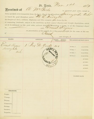 लदान का बिल, स्टीमबोट एम [आर्य] ई। फोर्सिथ, सनीसाइड, अर्कांसस, 1 नवंबर, 1864 द्वारा अज्ञात