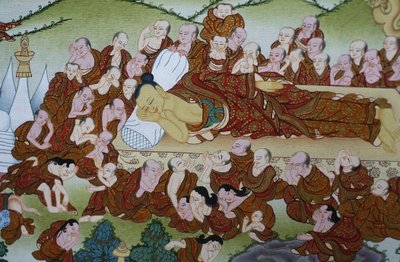 बुद्ध की मृत्यु या परिनिर्वाण। थांगका, भक्तपुर, नेपाल द्वारा अज्ञात