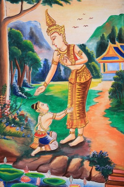 बुद्ध के जीवन को दर्शाती छत की कलाकृति। वाट सी सू मांग करम मंदिर। विएंग वांग। लाओस, 20151102, विएंग वांग, लाओस द्वारा अज्ञात