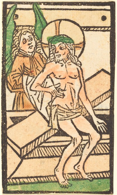 ईसा मसीह एक देवदूत के साथ अपनी कब्र पर बैठे, c. 14701480. द्वारा अज्ञात