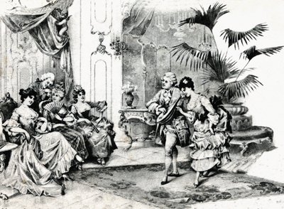 रोकोको पोशाक में कोर्ट नृत्य। लगभग 1900 द्वारा अज्ञात