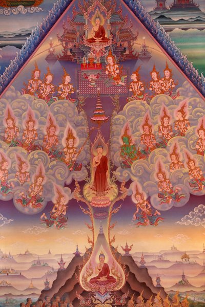 बुद्धपदीपा मंदिर, विंबलडन, ग्रांडे-ब्रेटगेन के उपोस्थ (तीर्थ हॉल) में एक भित्ति चित्र का विवरण द्वारा अज्ञात