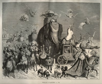 गधे की खाल: कैरोसस और ब्राइडल कोर्टेज। चार्ल्स पेरौल्ट (1628-1703) द्वारा "लेस कॉन्टेस" से गुस्ताव डोर (1832-1883) द्वारा उत्कीर्णन द्वारा अज्ञात
