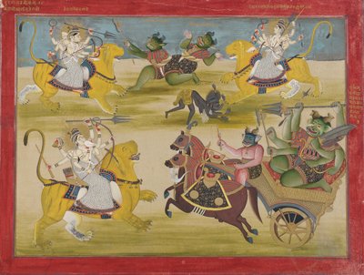 Durga fighting the rakshashas Shunga and Nishunga, from a Devi Mahatmya, mid 19th century.  द्वारा अज्ञात