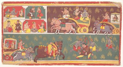 कृष्ण के जीवन के प्रसंग: भागवत पुराण के फ़ोलियो, भगवान विष्णु की प्राचीन कहानियाँ, c1700। द्वारा अज्ञात