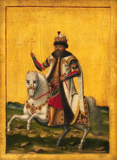 1596-1645 रूस के ज़ार मिखाइल I फ्योडोरोविच का अश्वारोही चित्र, c. 1650-1660। द्वारा अज्ञात