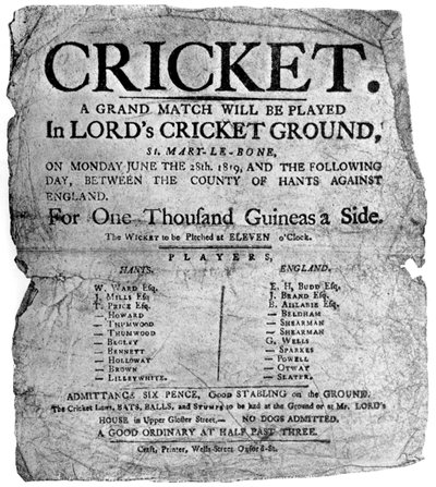 फ्लायर ने 1819 1912 में हैम्पशायर और इंग्लैंड के बीच क्रिकेट मैच का विज्ञापन दिया द्वारा अज्ञात
