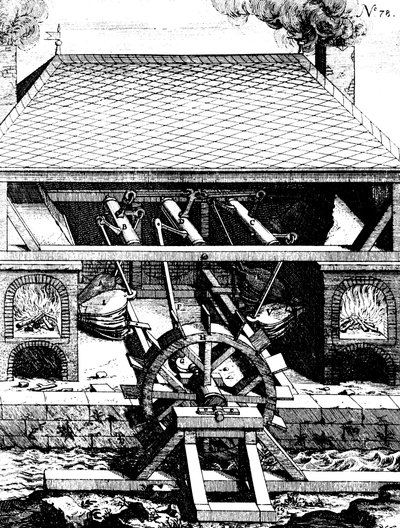 क्रैंक, 1673 के माध्यम से पानी के नीचे पहिये द्वारा संचालित धौंकनी के साथ फोर्ज द्वारा अज्ञात