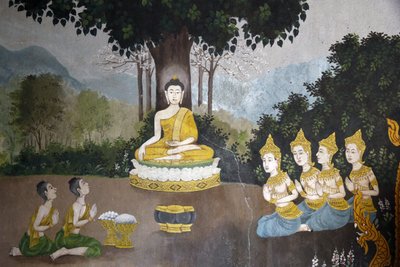 वाट फ्रा दोई सुथेप, चियांग माई में बुद्ध के जीवन के एक दृश्य को दर्शाने वाला फ्रेस्को। बुद्ध भिक्षा प्राप्त करते हैं। थाईलैंड द्वारा अज्ञात