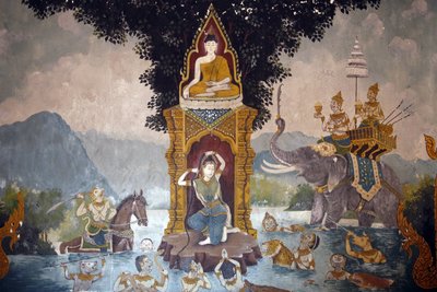वाट फ्रा दोई सुथेप, चियांग माई में बुद्ध के जीवन के एक दृश्य को दर्शाने वाला फ्रेस्को। Phra Mae Thorani अपने लंबे बालों को घुमाती है और पानी की धार बाढ़ पैदा करती है। थाईलैंड द्वारा अज्ञात