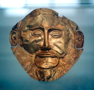 एगेमेमोन का मजेदार मुखौटा, माइकेने के प्रसिद्ध राजा, c1600-c1500 ई.पू. द्वारा अज्ञात