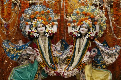 कृष्णा-बलराम मंदिर, वृंदावन में गौरा निताई मूर्तियाँ। इंडिया द्वारा अज्ञात