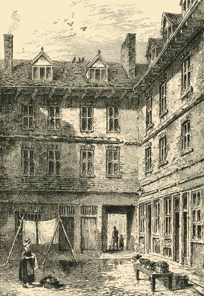 गोल्डस्मिथ्स हाउस, ग्रीन आर्बर कोर्ट, लगभग 1800, सी 1872। द्वारा अज्ञात