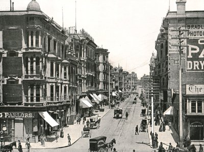 ग्रांट एवेन्यू मार्केट स्ट्रीट, सैन फ्रांसिस्को, यूएसए, 1895 से उत्तर की ओर देख रहा है। द्वारा अज्ञात