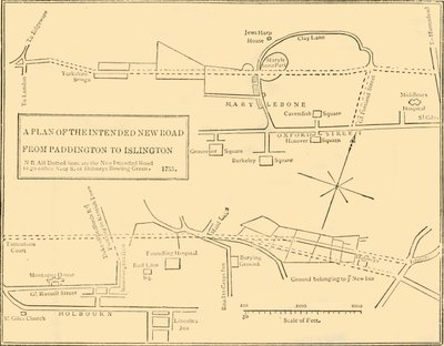 इस्लिंगटन से एजवेयर रोड, 1755, सी 1876 तक नई सड़क का ग्राउंड प्लान। द्वारा अज्ञात