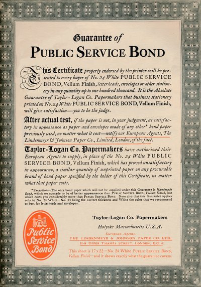 सार्वजनिक सेवा बॉन्ड की गारंटी - टेलर-लोगन कं पपरमेकर्स विज्ञापन, 1919 द्वारा अज्ञात