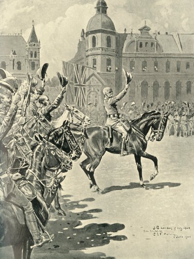 प्रिटोरिया में ब्रिटिश ध्वज फहराना: लॉर्ड रॉबर्ट्स क्वीन, 1900, 1901 के लिए अग्रणी चीयर्स। द्वारा अज्ञात