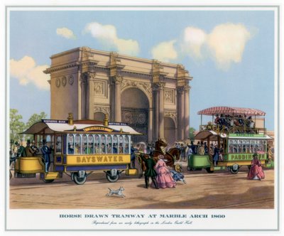 मार्बल आर्क, 1860 में हॉर्स ड्रोन ट्रामवे द्वारा अज्ञात