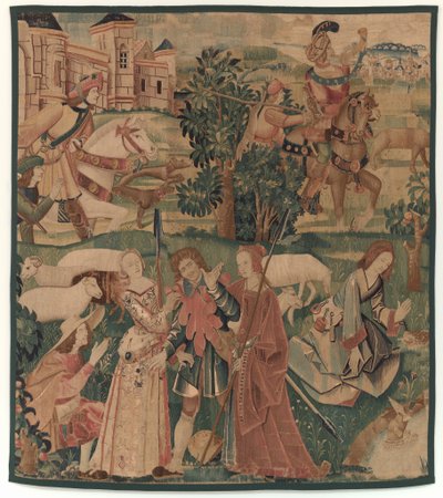 शिकार और देहाती दृश्य, महिलाओं के बीच हँसते हुए पुरुष के साथ, c. 1510. द्वारा अज्ञात