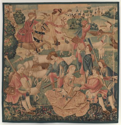 शिकार और देहाती दृश्य, महिलाओं के बीच पुष्पांजलि से सुसज्जित नायक के साथ, c. 1510. द्वारा अज्ञात