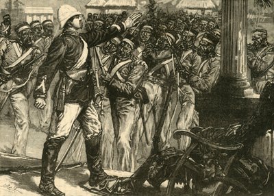 भारतीय विद्रोह में घटना: लेफ्ट डे कांट्ज़ो ने 1890 में मायनपोरे में सैनिकों को शांत किया। द्वारा अज्ञात