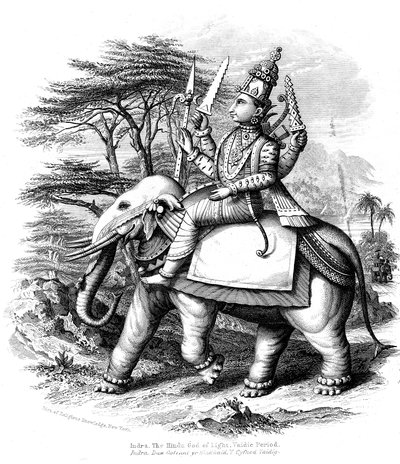 भारत के वैदिक देवताओं के प्रमुख, इंद्र, अपने हाथी पर चढ़े, c1880 द्वारा अज्ञात