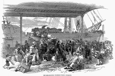 आयरिश इमिग्रेंट्स वाटरलू डॉक्स, लिवरपूल, 1850 में अमेरिका के लिए शुरू कर रहे हैं द्वारा अज्ञात