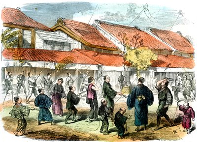 1865 के योकोहामा की गलियों में बटालियन और शटलकॉक का जापानी खेल द्वारा अज्ञात