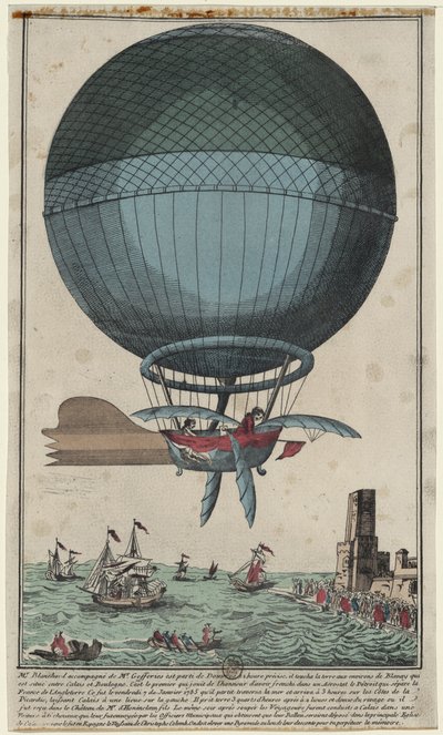 एक गर्म हवा के गुब्बारे, 1785 में इंग्लिश चैनल को पार करने के बाद, जीन पियरे ब्लांचर्ड और जॉन जेफरीज कैलिस पहुंचे द्वारा अज्ञात