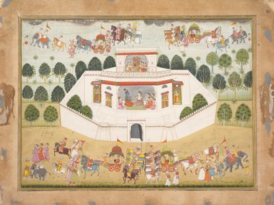कृष्णा और बलराम एक चारदीवारी के भीतर: एक भगवत पुराण से पृष्ठ ..., ca. 1700। द्वारा अज्ञात