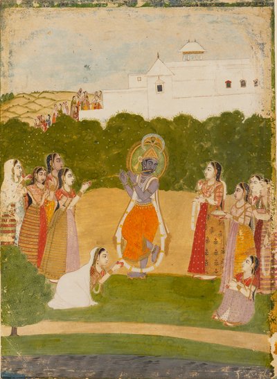 कृष्णा नदी के किनारे बांसुरी बजाते हुए, c1720 द्वारा अज्ञात