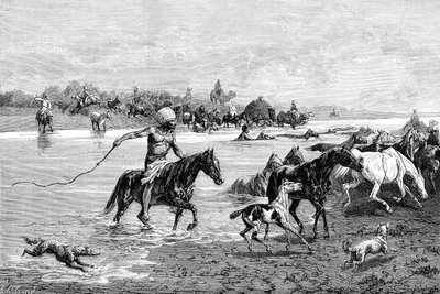 किर्गिज़ एक नदी को पार करते हुए, किर्गिस्तान, 1895 द्वारा अज्ञात