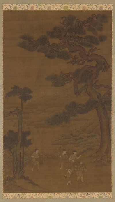 परिदृश्य: एक विशाल देवदार के पेड़ के नीचे हस्तशिल्पी, मिंग राजवंश, 16वीं-17वीं शताब्दी। द्वारा अज्ञात